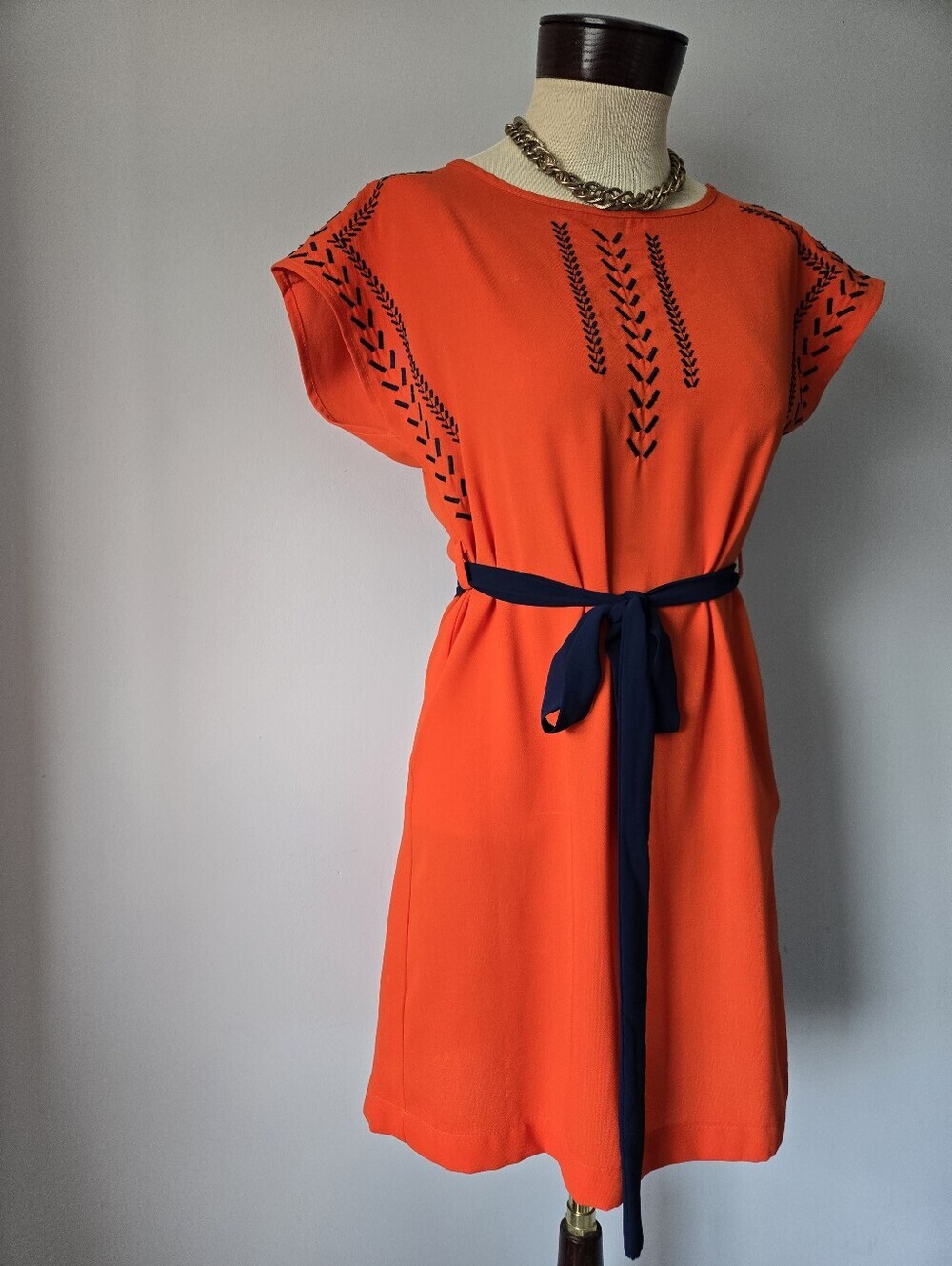 Ya Los Angeles Bright Orange Dress With Navy Embroidery. Belted Dress. Size Sm - Picture 2 of 12